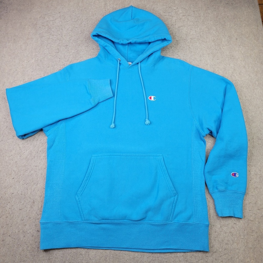 Champion Reverse Weave Hoodie Mens L Blue Pullover Sweatshirt Sleeve Logo - Picture 2 of 10